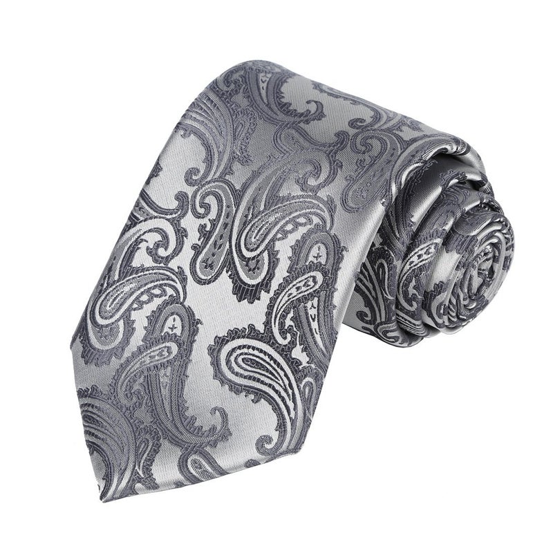 KissTies Mens 63'' XL Extra Long Tie Set Silver Gray Paisley Necktie Hanky + Gift Box - Image 4